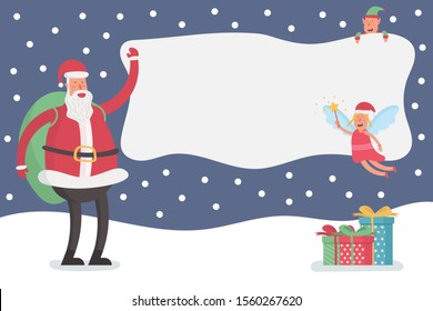 banner board for text Christmas cartoon character with Santa Claus, angel, elf and gifts on outdoor snowfall winter holiday . flat vector illustration