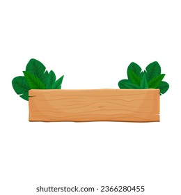 Banner board with tropical leaves. Wooden signboard template on a white background. Vector illustration.