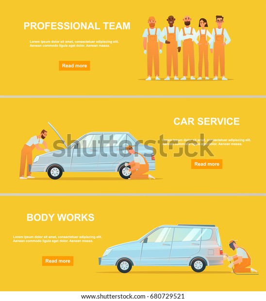 banner for body shop. scenes\
presents workers in car service tire. car repair. vector\
illustration