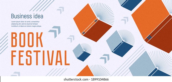 Banner for book festival. Open books flying with arrows. Vector minimalist background with textures. Design template for a library, education theme. Concept of striving for success. Blue and red color - Shutterstock ID 1899104866