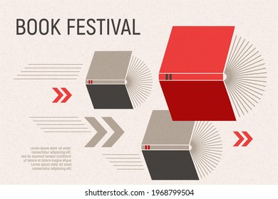 Banner for book festival. Open books flying with arrows. Vector minimalist background with textures. Design template for a library, education theme. Concept of striving for success. Red and grey color