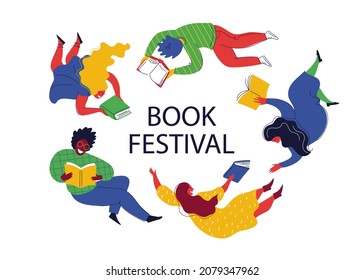 Banner for book festival. Open books and  flying people. Vector minimalist background. Design template for a library, education theme. A person is reading a book. Theme of bookcrossing.