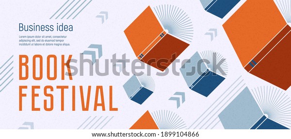 Banner for book festival. Open books flying with\
arrows. Vector minimalist background with textures. Design template\
for a library, education theme. Concept of striving for success.\
Blue and red color