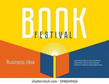 Banner for book festival. Open book as flashlight. Vector minimalist background with textures. Design template for a library, education theme. Concept of striving for success. Blue, yellow, red colors