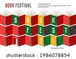 Banner for book festival. Open multi colored books on bookshelf. Vector minimalist background for invitation, banner, flayer. Design template for a library, education theme, conference. Open door.