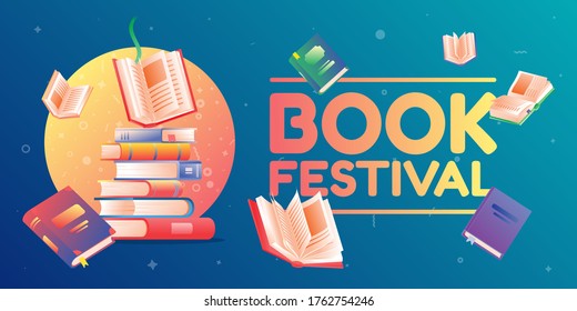 Banner Book festival with text. Blue background, flying open books. Books in a stack. Vector illustration with gradients and flat style.