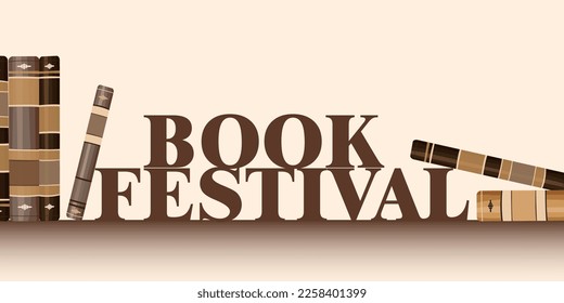 Banner for book festival. Vintage books on a shelf with the inscription. Vector minimalist background with textures. Design template for a library, and education theme. Concept of striving for success