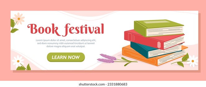 Banner with books concept. Bookstore or bookshop advertising. Template and mock up. Useful hobby and love for literature, reading. Cartoon flat vector illustration isolated on pink background