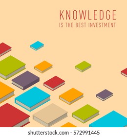 Banner with books flying books. Isometric flat class books and textbooks wallpaper. Education symbol background. Text, knowledge is the best investment. Illustration vector art.