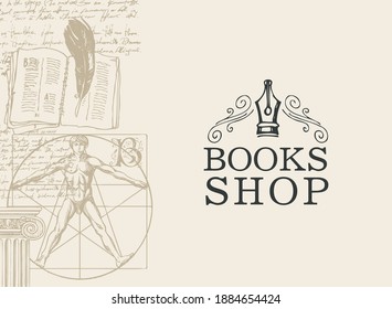 Banner for books shop in retro style. Vector illustration with hand-drawn diary, feather, Vitruvian man and handwritten notes on an old paper background. Suitable for poster, flyer, business card