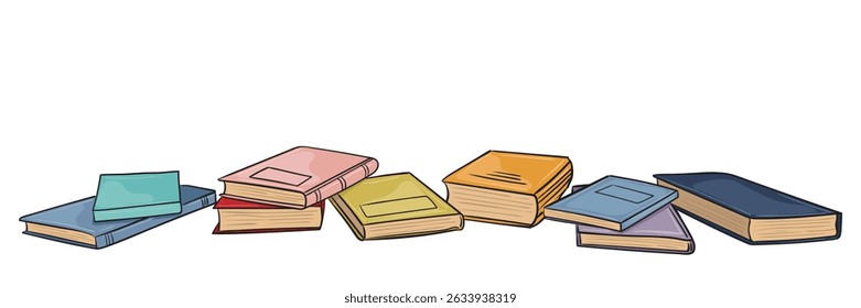 Anuncio de libros para estudio o lectura dibujados a mano con contorno negro. Vector Imágenes aisladas para el diseño de Anuncios, programas educativos, día del conocimiento, 1 de septiembre y regreso a la escuela.