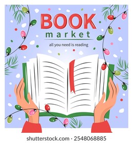 Banner for bookstore, library, sale in bookshop. Book market. Books with winter decor. Vector illustration for poster, cover, marketing.
