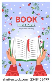 Banner for bookstore, library, sale in bookshop. Book market. Books with winter decor. Vector illustration for poster, cover, marketing.
