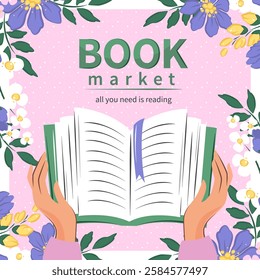 Banner for bookstore, library, sale in bookshop. Book market. Books with spring flowers. Vector illustration for poster, cover, marketing.
