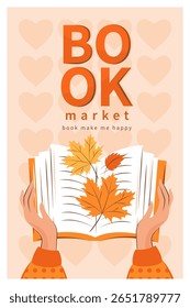 Banner for bookstore, library, sale in bookshop. Book market. Books with autumn bright leaves. Vector illustration for poster, cover, marketing.
