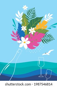 Banner with bottle champagne . Sea horizon. Cartoon vector illustration,  art print . Bouquet, floral splashes champagne