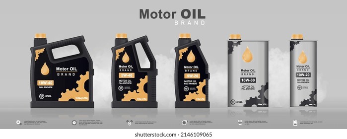 Cartel con botellas de aceite de motor. Afiche publicitario con latas de aceite para lubricar pistón de auto. Elemento de diseño con etiqueta para marketing y promoción de productos. Ilustración vectorial 3D realista