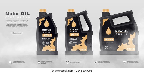 Banner with bottles of engine oil. Poster with packages and labels for car oil. Vehicle maintenance and piston lubrication. Design for advertising and promotion. Realistic 3D vector illustration