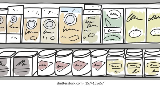 banner boxes and cans groceries in store, cartoon. beautiful confectionery in boxes and cans on display at counter in store. wide selection pastries in hypermarket. Vector illustration.