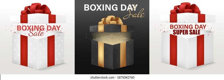 Banner for Boxing day sale with open box and text. Royalty free stock illustration for greeting card, promotion, poster and banner. Happy Boxing Day sale banner. Vector illustration