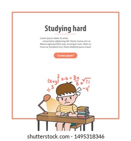 Banner the boy is studying hard with math and a lot of book on the table illustration vector on white background. Education and study concept.