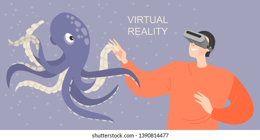 Banner with a boy in virtual reality glasses smiling and stretching hands to a virtual octopus. Happy cartoon character plays and learns with the help of modern technology