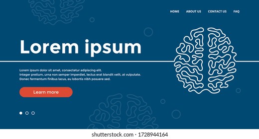 Banner with brain continuous line icon. Template for psychotherapist, mental health clinics, neurologist. Vector illustration on a blue background.