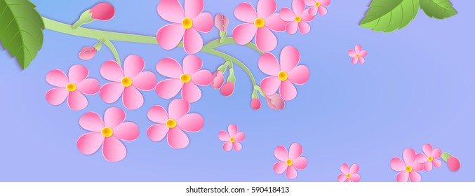 Banner with a branch of cherry blossoms with Paper cut. Paper art style.Leaves and flowers on a blue background. For use in printing, posters, invitations, web design and other purposes.