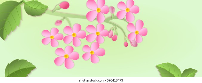 Banner with a branch of cherry blossoms with Paper cut. Paper art style.Leaves and flowers on a green background. For use  in printing, posters, invitations, web design and other purposes.