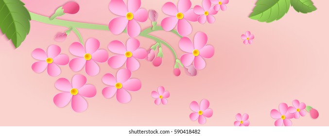 Banner with a branch of cherry blossoms with Paper cut. Paper art style.Leaves and flowers on a pink background. For use in printing, posters, invitations, web design and other purposes.