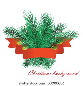 Banner with branches of a pine and a tape. Vector