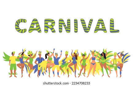 Banner for Brazil carnival. Line with many people in carnival costume with feathers. Vector illustration.