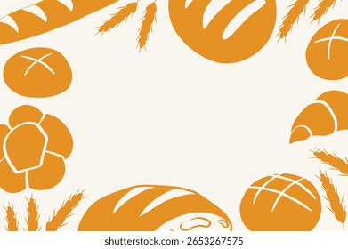 Banner com pão e produtos de padaria, produtos de pastelaria. Quadro com baguete, pão, pão, croissant, orelha de trigo para texto. Cozinha francesa rural, comida. Borda de design para embalagem, etiqueta, impressão, papel, cartão