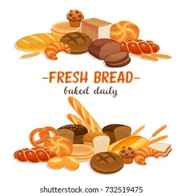 Banner with bread products. Rye bread and pretzel, muffin, pita, ciabatta and croissant, wheat and whole grain bread, bagel, toast , french baguette for design menu bakery.