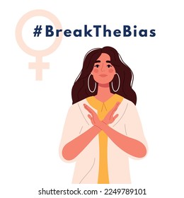 Banner Break The Bias. International women's day. 8th march. Woman crossed her arms. Vector isolated illustration