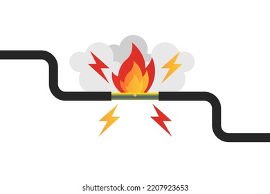 A banner of a break in an electric cable that causes fire and smoke. Vector illustration