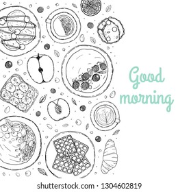 Banner of breakfast and brunch ingredient top view. Food elements collection. Hand drawn vector illustration for fllyer, menu