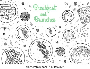 Banner of breakfast and brunch ingredient top view. Food elements collection. Hand drawn vector illustration for fllyer, menu