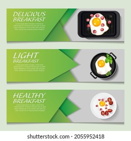 Banner breakfast of scrambled eggs. Vector illustration of cooked egg dishes arranged on a light background. With space for text.