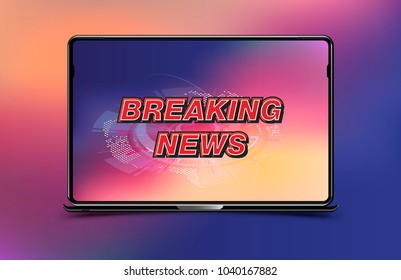 Banner Breaking News template in realistic laptop on colour background. Concept for screen TV channel. Flat vector illustration EPS10