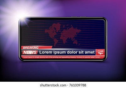 Banner Breaking News template in realistic smartphone on dark background. Concept for screen TV channel. Flat vector illustration EPS10.