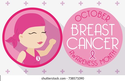 Banner for Breast Cancer Awareness Month in October with cute young girl celebrating her fight against cancer in a design in flat style.
