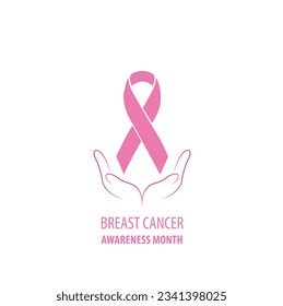 Banner of breast cancer awareness with two hands holding a pink ribbon on a white background