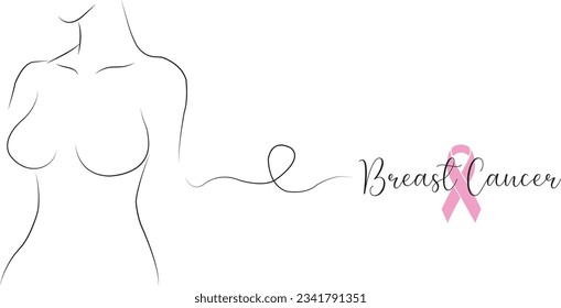 Banner of breast cancer awareness with woman body, text and a pink ribbon on a white background