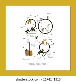 Banner in breeds of dogs 2019, Happy New Year, calendar, Memphis style, Isolated on white background, Banner can be used for advertising, greetings, sale, Vector illustration