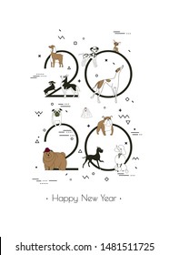 Banner in breeds of dogs 2020, Happy New Year, calendar, Memphis style, Isolated on white background, Banner can be used for advertising, greetings, sale, Vector illustration