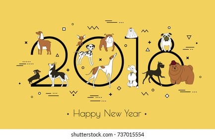 Banner in breeds of dogs - symbol 2018. Happy New Year. Memphis style. Isolated on white background. Eastern calendar. Banner can be used for advertising, greetings, sale. Vector illustration