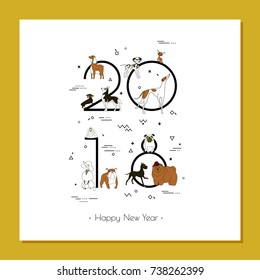 Banner in breeds of dogs - symbol 2018. Happy New Year. Memphis style. Isolated on white background. Eastern calendar. Banner can be used for advertising, greetings, sale. Vector illustration