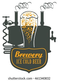 banner for the brewery with a glass of beer and brewing machine