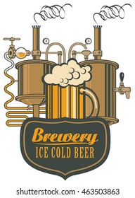 banner for the brewery with a glass of beer and brewing machine